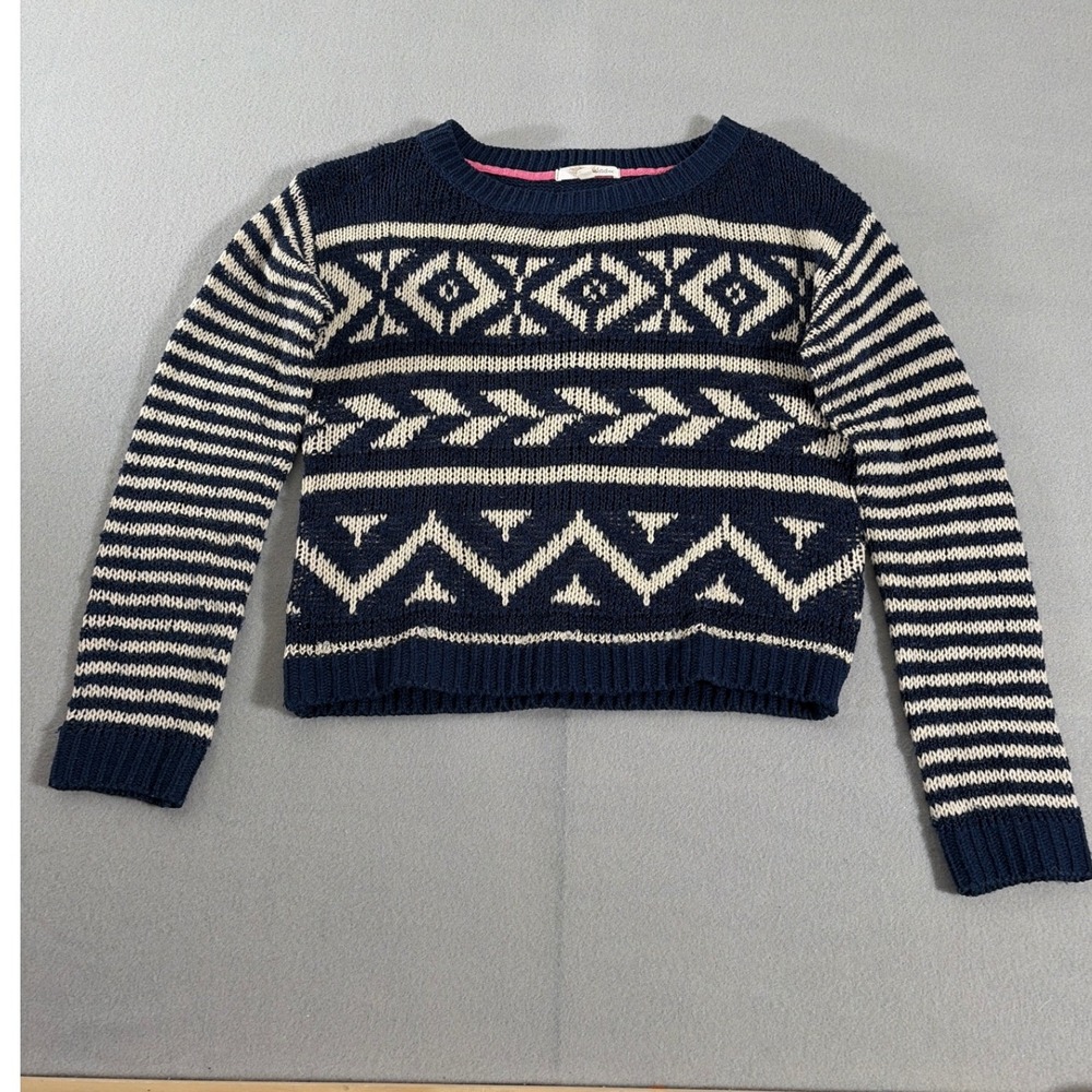 Rewind Womens Navy Blue Cream Fair Isle Striped Knit Sweater Size Large 0350